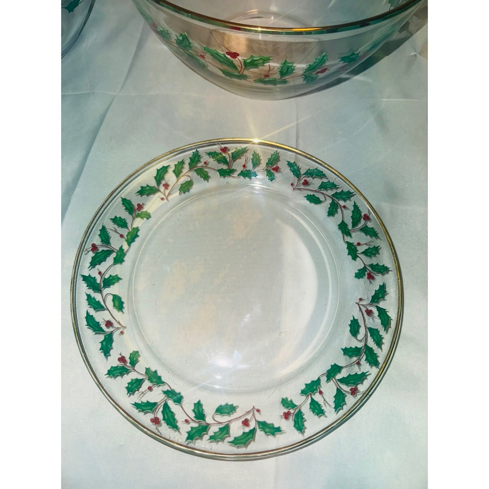 Lenox Set ARC France Christmas Holly Berry Glass Serving Bowl 22KT Gold Trim 9" - Picture 9 of 9